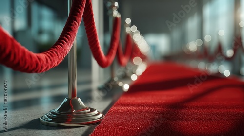 A glamorous red carpet pathway lined with velvet ropes, suggesting elegance and exclusivity in a sophisticated setting.