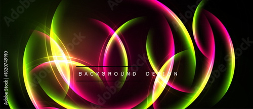 Abstract neon lights form flowing shapes. Vibrant colors blend, creating dynamic background design. Dark space emphasizes luminosity.