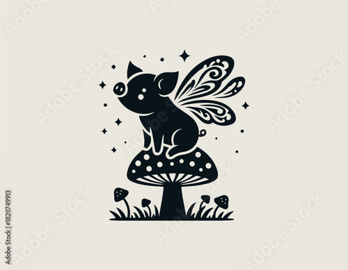 Charming black silhouette of a small winged piglet character resting comfortably on a spotted toadstool surrounded by stylized grass and delicate sparkling elements. Cute fantasy animal concept