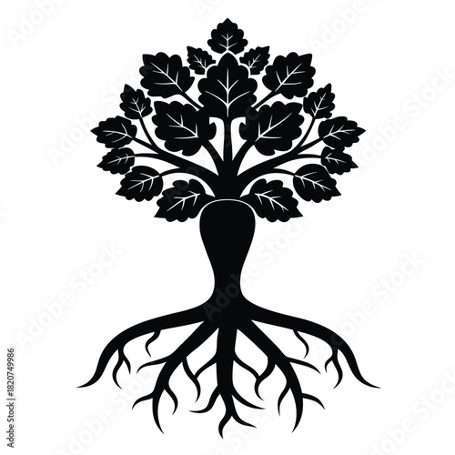 shows a stylized black tree with roots spreading beneath a canopy of leaves