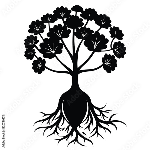 A stylized black tree stands, its roots reaching deep while leaves bloom fully