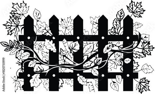 Black and white illustration of a wooden picket fence with vines and leaves