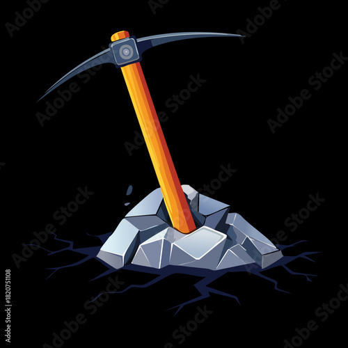 Classic Pickaxe Sticking into Dark Rock Formation Icon for Extraction and Resource Exploration
