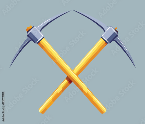 Pair of Crossed Mining Tools Pickaxes with Bright Yellow Handles for Heavy Industrial Work