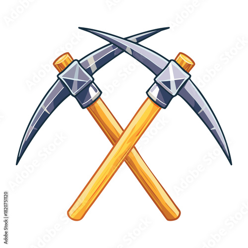 Crossed Pickaxes with Yellow Wood Handles Ready for Gold Mining and Exploration Activities