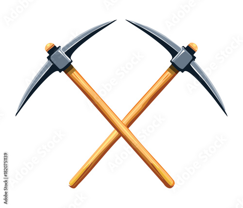 Pair of Crossed Pickaxes with Brown Wood Handles Symbolizing Hard Work and Mining Operations