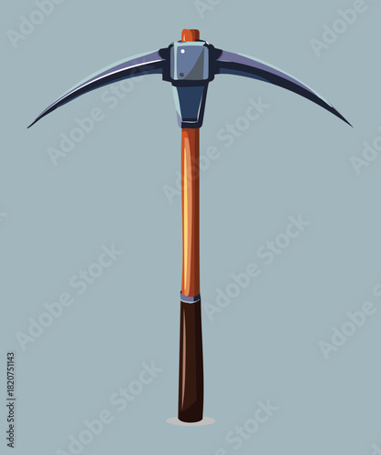 Classic Pickaxe with Steel Head and Brown Wooden Handle Vertical View for Industrial Digging