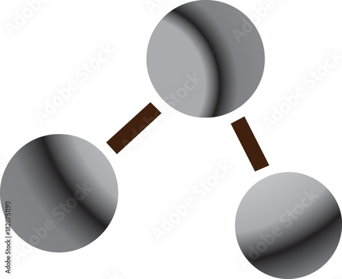 Abstract simple vector representation of atomic or molecular structure with three connected spherical particles and wooden bonds