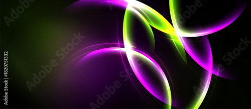 Abstract neon lights form flowing shapes. Vivid purple, green hues dominate dark background. Dynamic energy radiates from curves.
