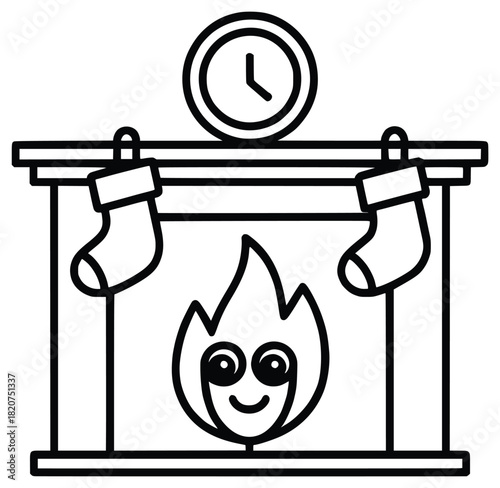 Cozy Christmas Mantelpiece: A charming illustration captures the festive essence of a decorated mantel, featuring a warm fireplace with a smiling flame, accompanied by hanging stockings and a clock.