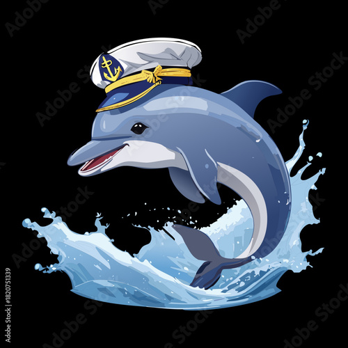 Brave dolphin captain wearing a white sailor hat jumping out of water splash for nautical and sailing theme