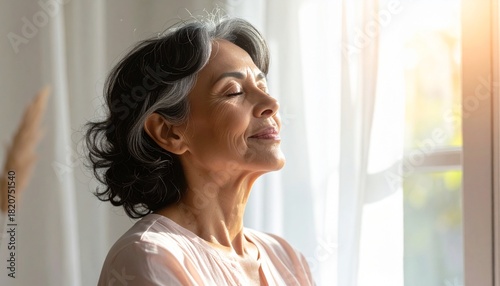 Free Download Adult Woman Enjoying Morning Sunlight While Relaxing and Practicing Mindfulness Near the Window - GFXLoad