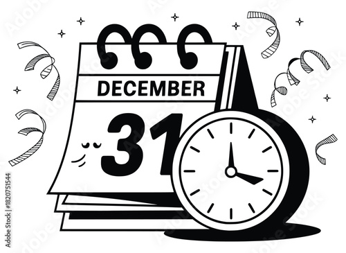 New Year's Eve Countdown: A graphic captures the anticipation of the New Year, featuring a calendar displaying December 31st beside a clock, symbolizing the imminent arrival of a fresh beginning. 