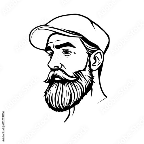 Monochrome illustration of a man with a rounded cap and a full beard, posed in a side-facing profile, rendered with stylized strong shadows and thick expressive linework, embodying a minimalist visual