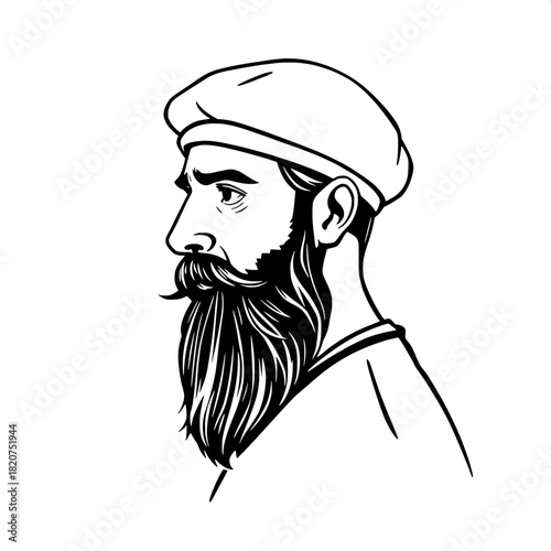 Monochrome illustration of a man with a rounded cap and a full beard, posed in a side-facing profile, rendered with stylized strong shadows and thick expressive linework, embodying a minimalist visual