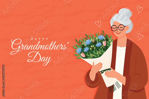 Happy Grandmothers Day Greeting Card Elderly Woman Holding Flower Bouquet.