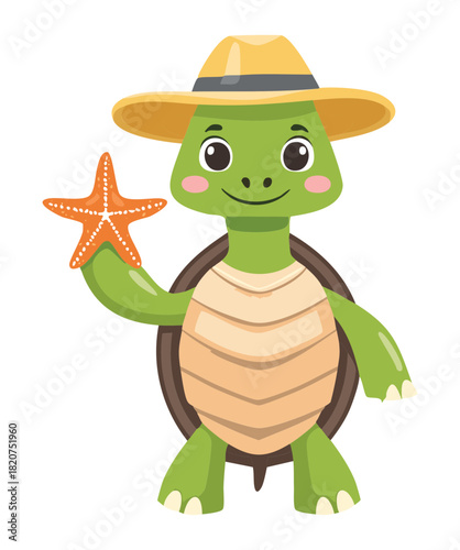 Happy Sea Turtle Animal Character With Sun Hat Waving Hand Holding Starfish On Tropical Summer Beach