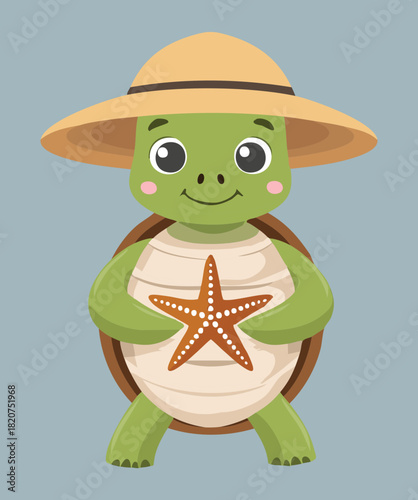 Friendly Sea Turtle Animal Wearing Straw Hat Holding Starfish Character For Summer Vacation And Holiday Concept