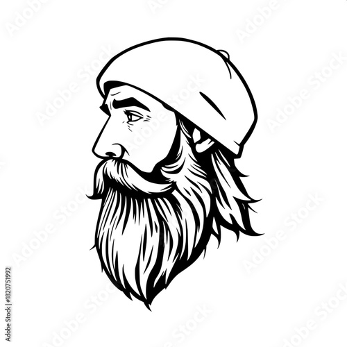 Monochrome illustration of a man with a rounded cap and a full beard, posed in a side-facing profile, rendered with stylized strong shadows and thick expressive linework, embodying a minimalist visual