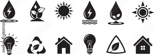 Set of twelve flat black ecology and energy icons representing renewable power environment protection and sustainable resources