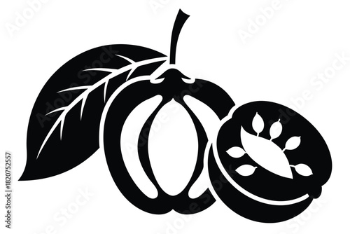 Silhouette guava fruit with a leaf and one cut shows seed cavities in black