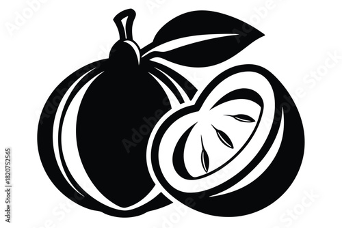 Stylized black pomelo displays its halves with seeds and leaf detail