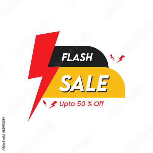vibrant flash sale badge vector with red lightning bolt and upto 50% fifty percent off discount promotion label.
