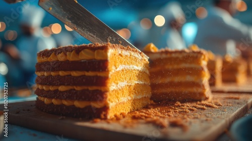 A delicious layered cake is being sliced, showcasing its creamy filling and inviting texture, surrounded by a blurred background of chefs in action.
