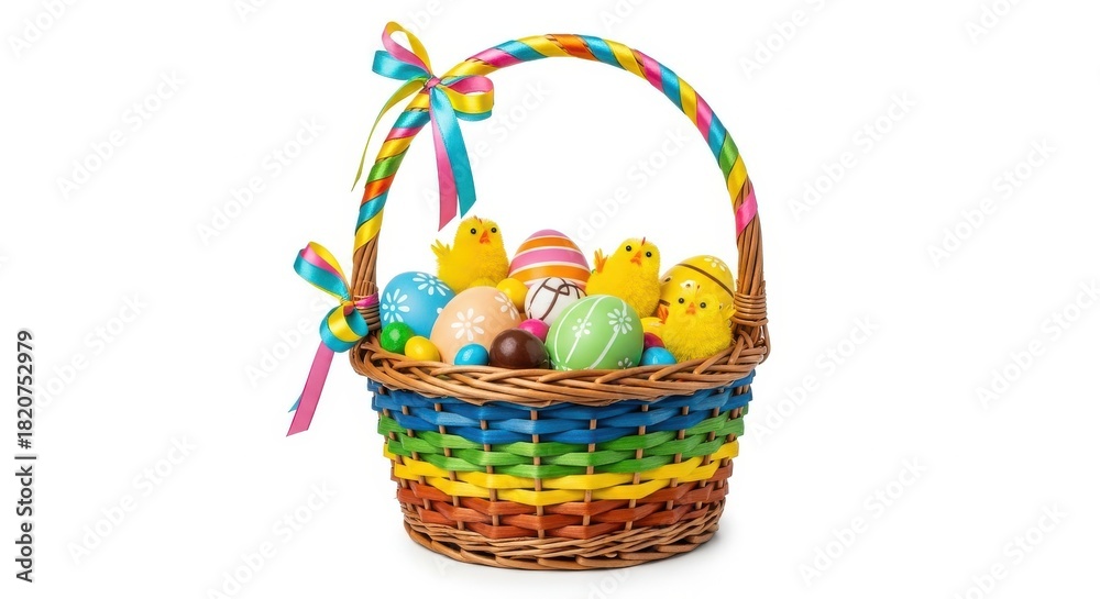 Naklejka premium Colorful easter basket filled with chicks and eggs isolated on white background