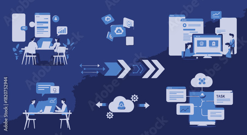 Cloud Computing Workflow Data Transfer and Processing Illustration.