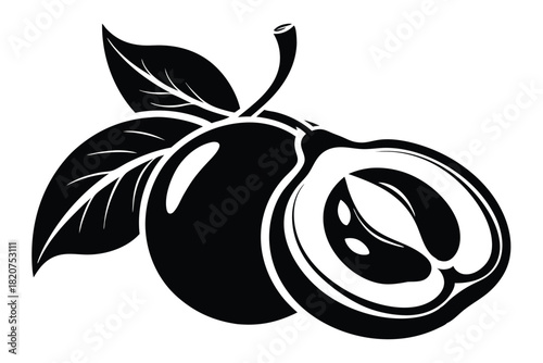 Black silhouette displays two plums and foliage, showcasing fresh fruit in monochrome