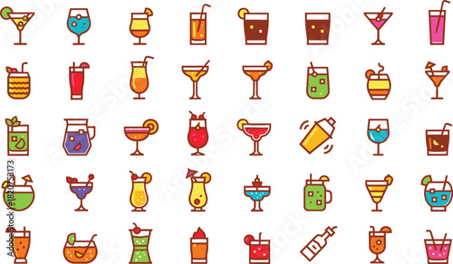 Colorful collection of various cocktail and drink icons.
