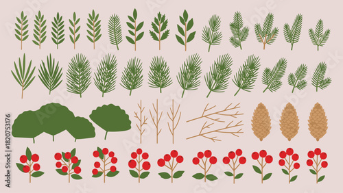 Collection of various green leaves branches bushes and red berries.