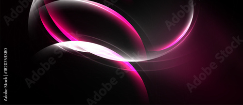 Abstract design features flowing curves, vibrant pinks, whites against dark background. Modern, dynamic composition creates visual interest.