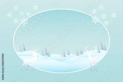 A winter landscape illustration featuring two elegant white deer standing on opposite sides of a large oval frame with snow-covered hills, frosty pine trees and snow fall gently from the sky.