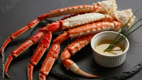 Cooked King Crab Legs and Claws Served on a Slate Platter with Melted Butter Dip, Against a Dark Background.