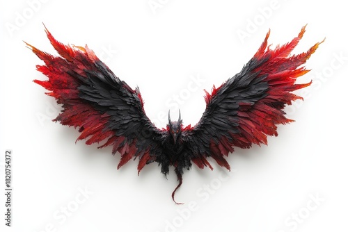 An abstract sculpture of wings crafted from red and black feathers evokes a sense of power and elegance, merging artistic expression with a striking visual statement.