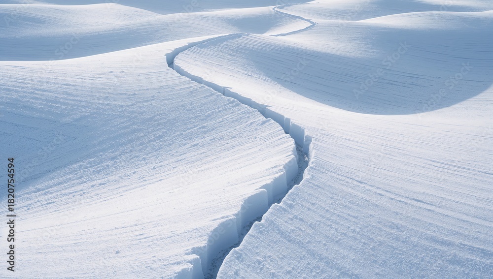 Naklejka premium Winding crack in pristine snow-covered winter landscape scene