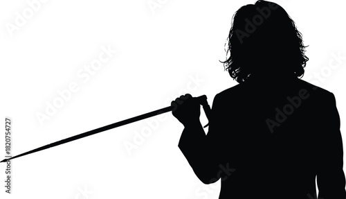 Silhouette, sword pose, mysterious figure, black outline, dramatic stance, warrior style, shadow art, person with weapon, minimal design, bold contrast