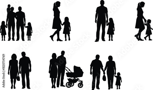 Family silhouettes, diverse relationships, parent and child, stroller scene, dog walker, elderly couple, black outline, minimal design, bonding, togetherness