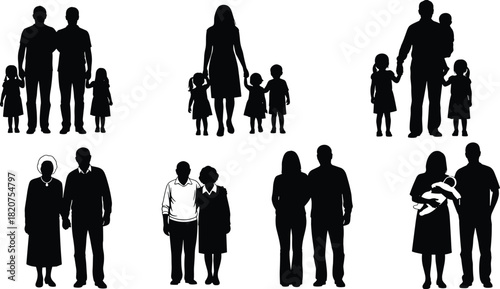 Family silhouettes, diverse compositions, parent and child, elderly couple, baby stroller, black outline, minimal design, bonding, unity, togetherness