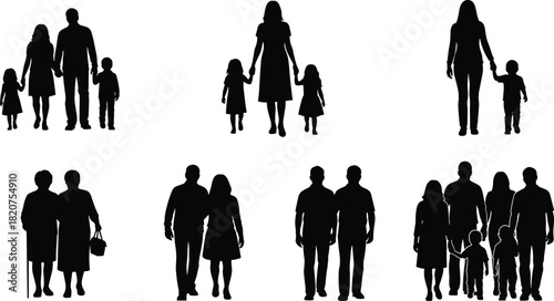 Family silhouettes, diverse compositions, parents and children, elderly figures, inclusive relationships, walking pose, black outline, minimal design, bonding, togetherness