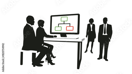 Office silhouettes meeting around a desk