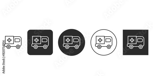 Ambulance emergency vehicle icon set vector graphics | Outline style medical service transportation symbol black and white | Flat design EMS van vector illustration for app UI 