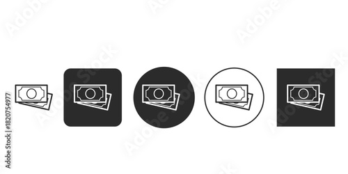 Minimalist money stack icon set for financial apps | Black and white banknote payment symbols vector | Flat design currency cash icons in multiple shapes 