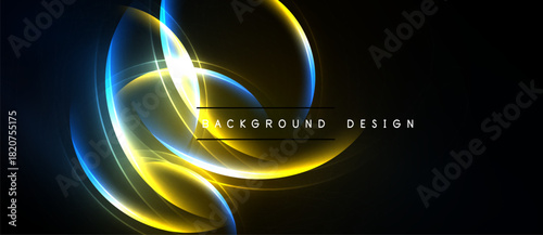 Abstract glowing lines form swirling shapes. Dark background enhances vibrant blue, yellow light effects. Modern design element.