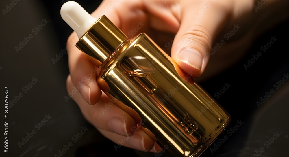 Obraz premium Luxury gold serum bottle held in hand beauty concept