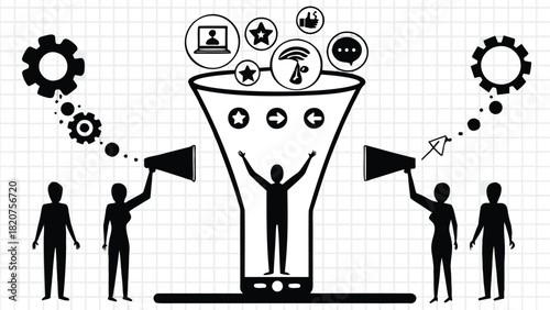 Stylized business team standing around a tall marker