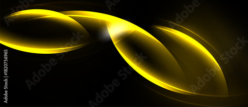 Golden abstract shapes overlap black background. Smooth curves create dynamic visual effect, suggesting movement, energy. Brightness contrasts sharply.