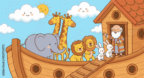 Cute Animals Boarding the Ark
Noah smiling as pairs of cute animals walk toward the ark—elephants, giraffes, lions, rabbits—rounded shapes,